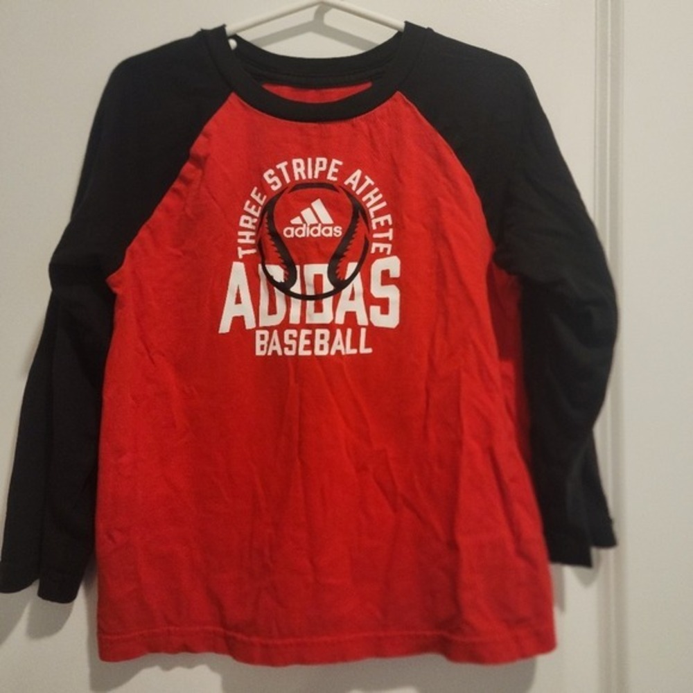 Adidas Baseball‎ Three Stripe Athlete Boys Red Black Raglan Long Sleeve Shirt 4